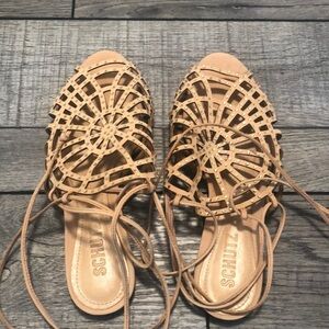 SCHUTZ jeweled leather sole gladiator sandals with circular design light tan